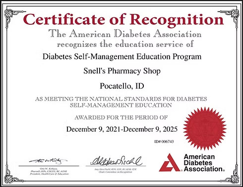Certificate of Recognition awarded by the American Diabetes Association to Snell's Pharmacy Shop.